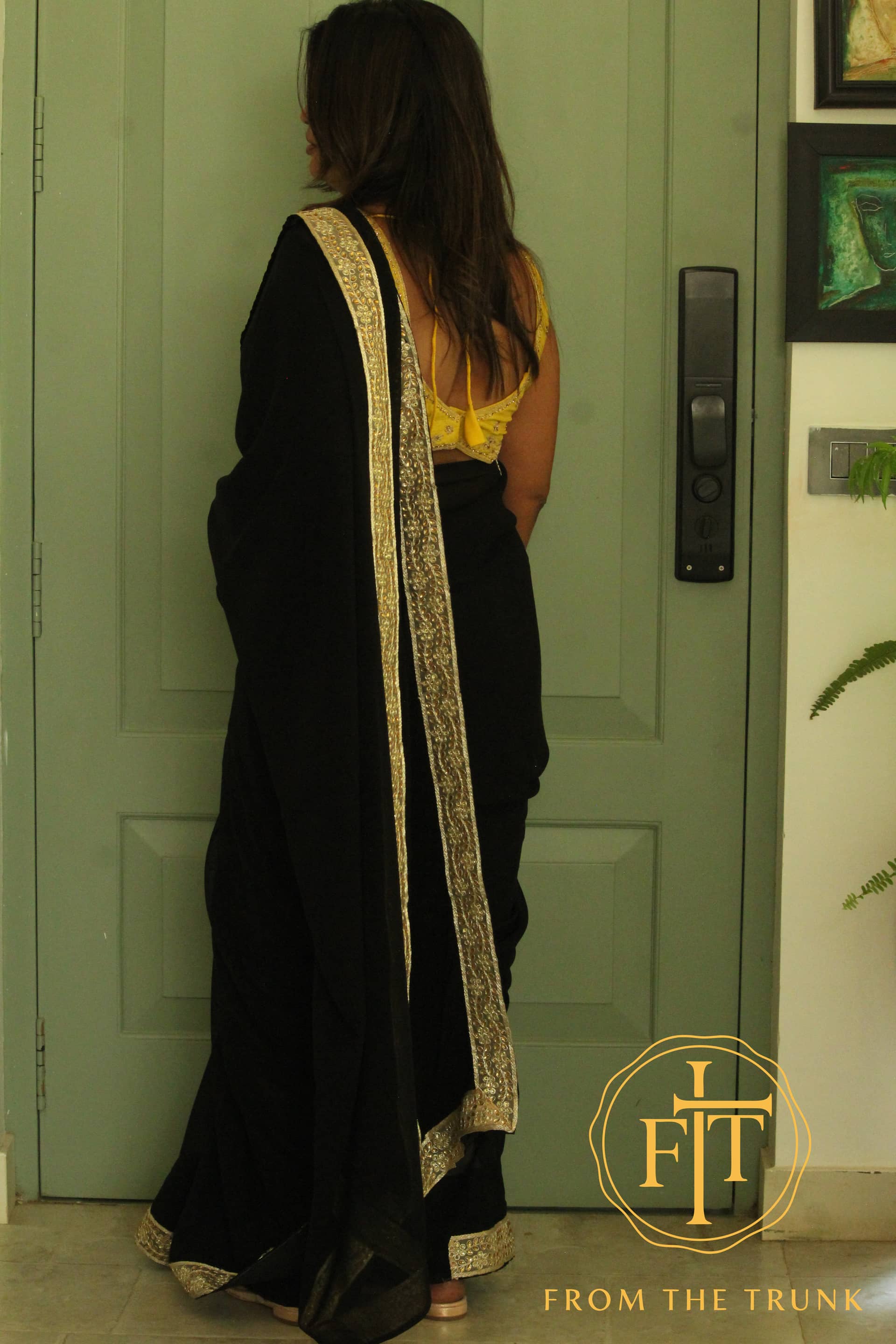 Midnight Gold Embroidered Georgette, pre-loved Georgette saree from From the Trunk