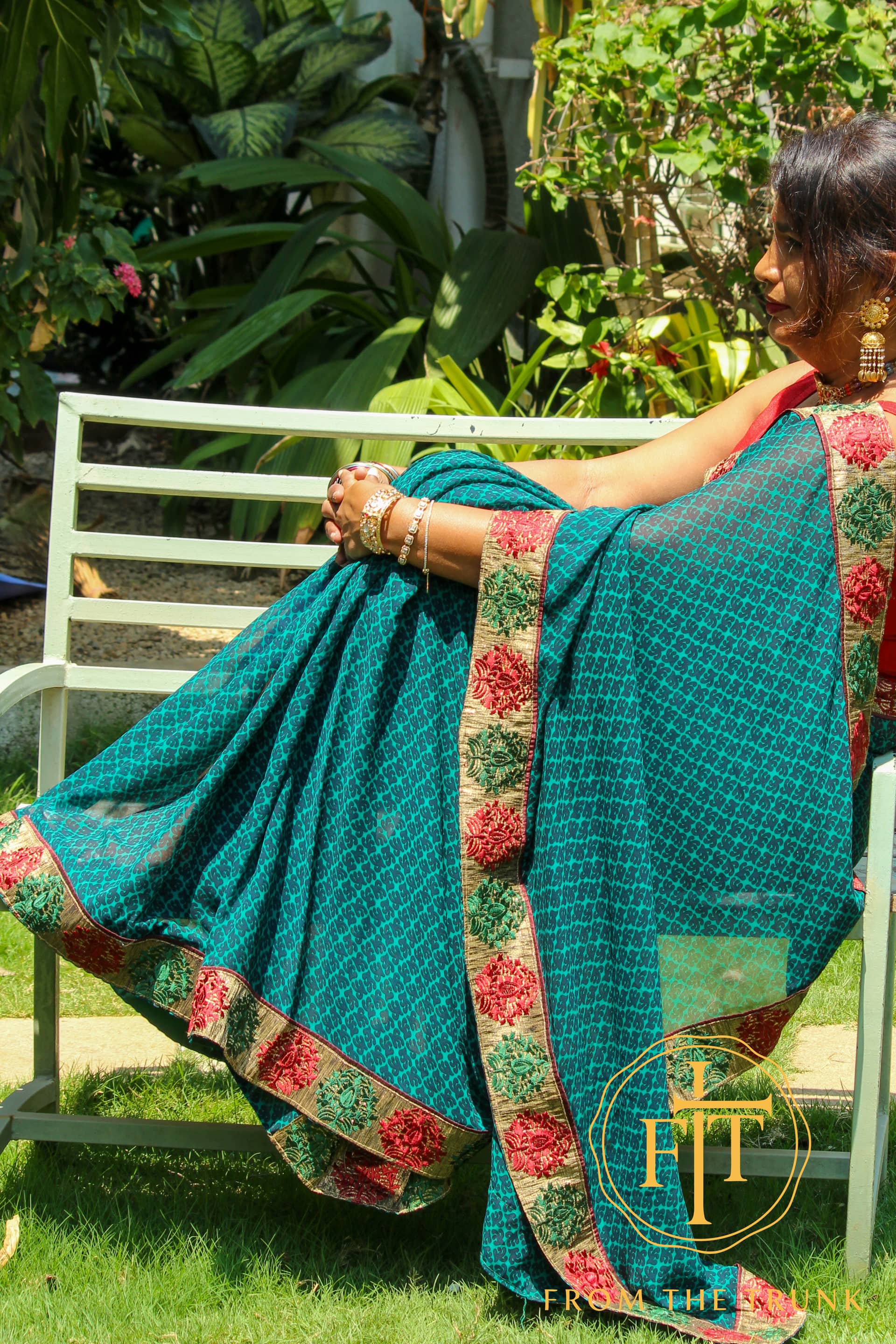 Mint Chiffon Garden Border Saree, pre-loved Chiffon saree from From the Trunk