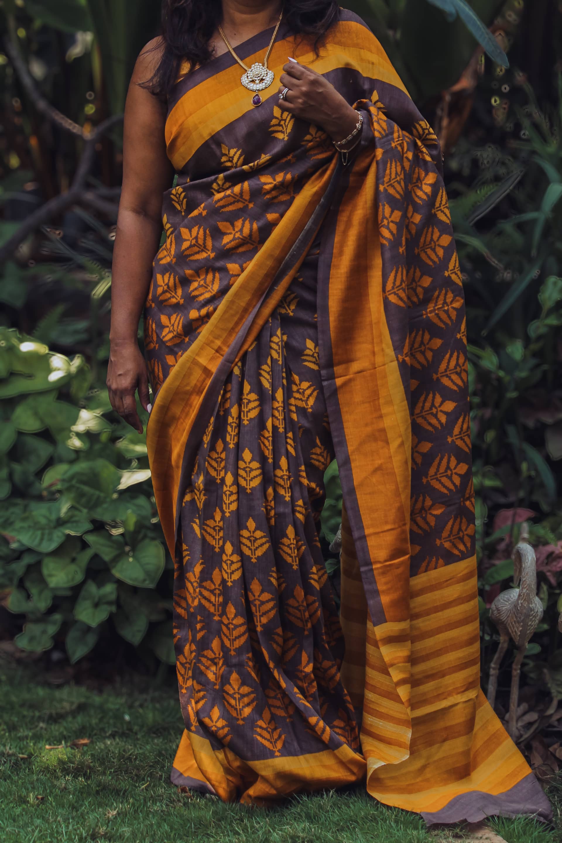 Brown and Mustard light Silk, pre-loved Silk saree from From the Trunk