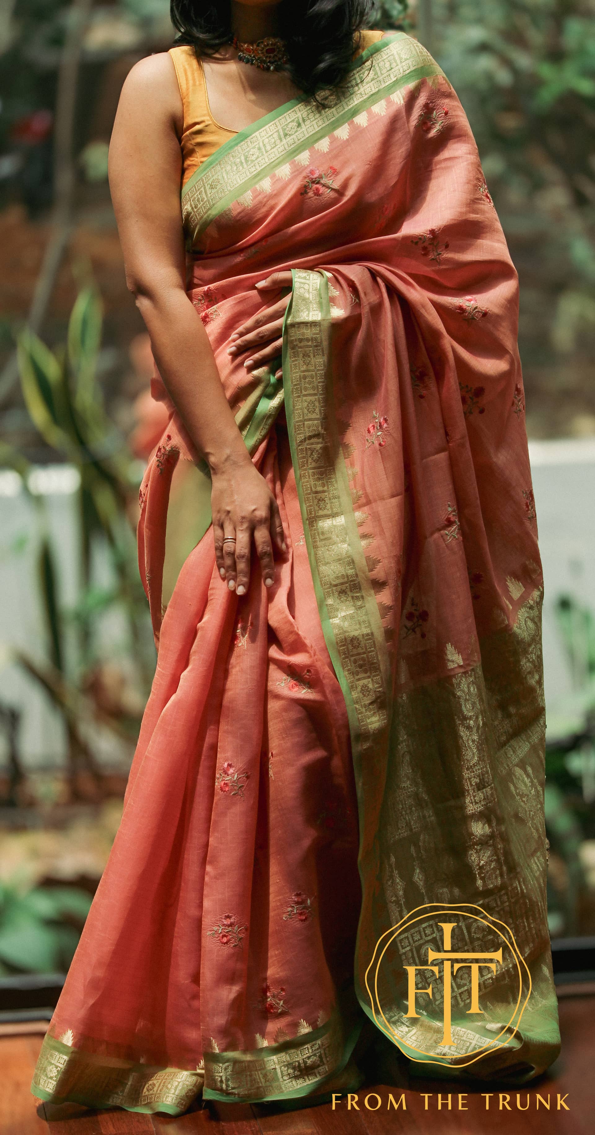Blush green, pre-loved Cotton saree from From the Trunk