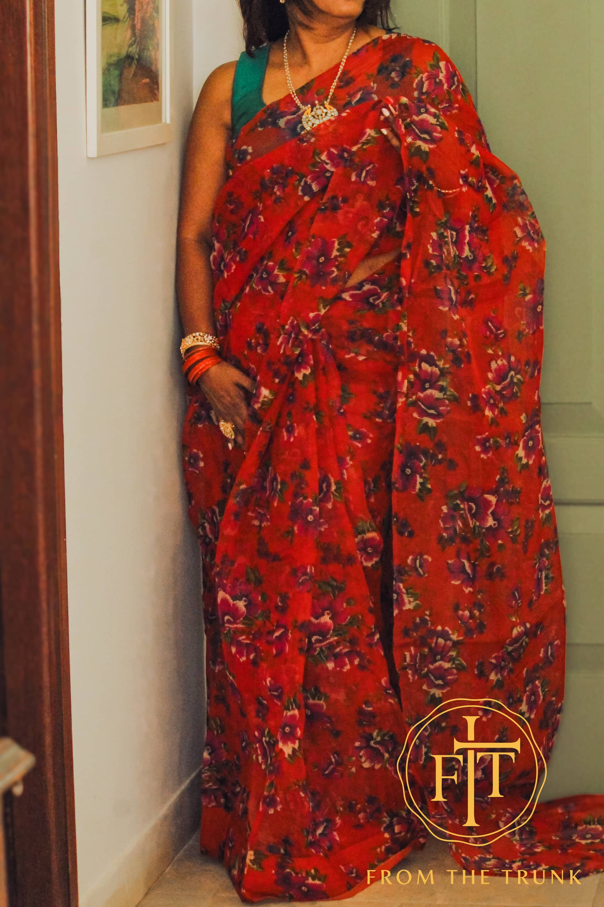 Orange Blossom Cotton Weave, pre-loved Cotton saree from From the Trunk