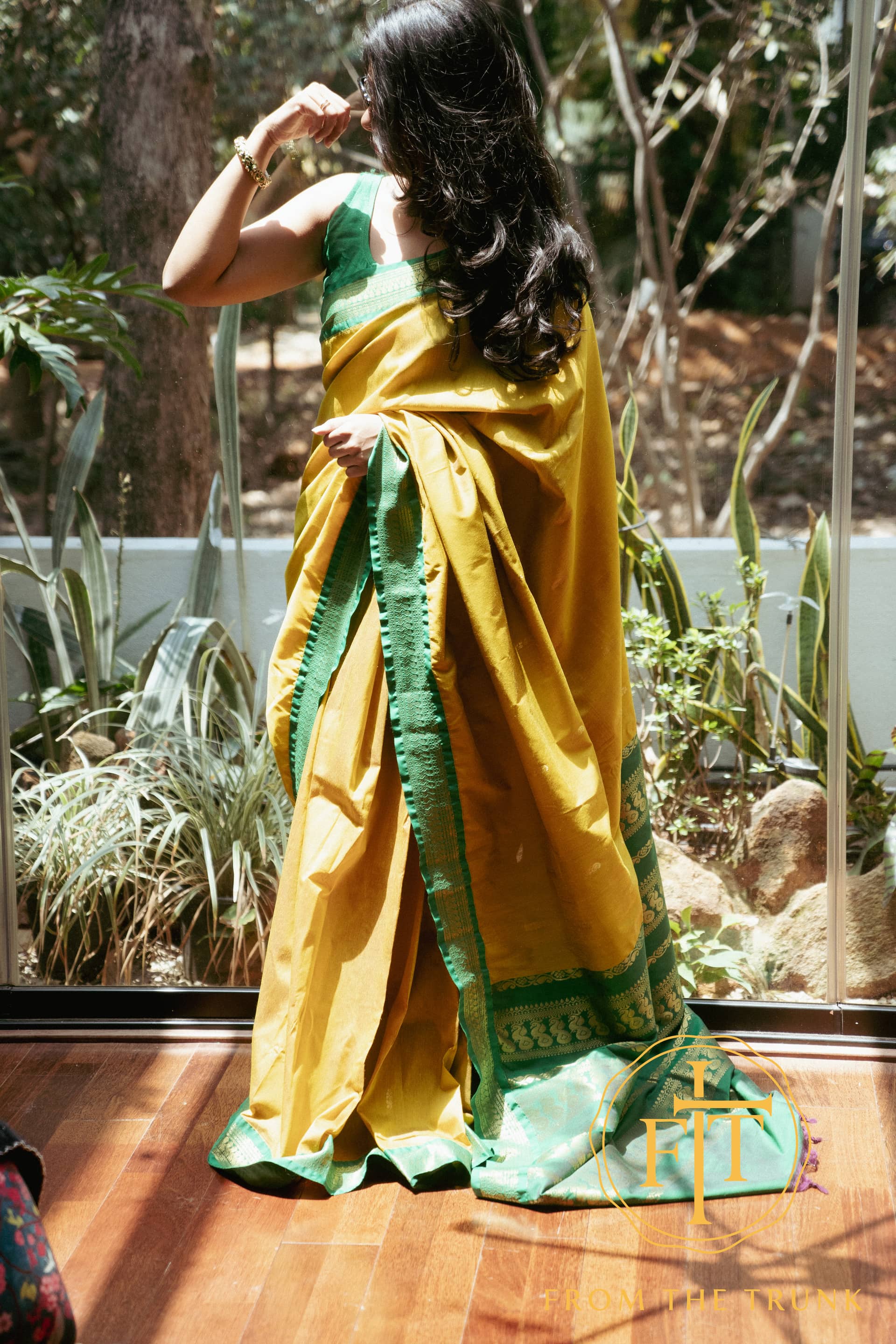 Lime and Gold Cotton Classic, pre-loved Cotton saree from From the Trunk
