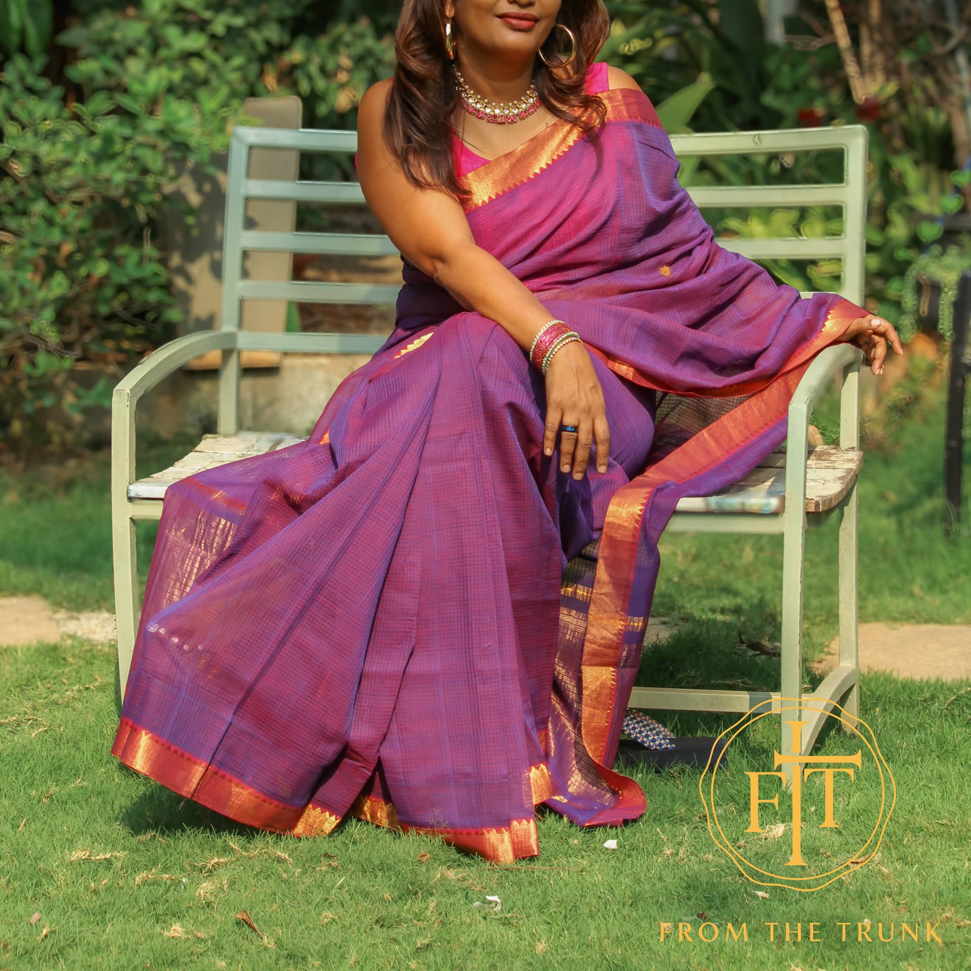 Magenta Cotton Gold Zari Border, pre-loved Cotton saree from From the Trunk
