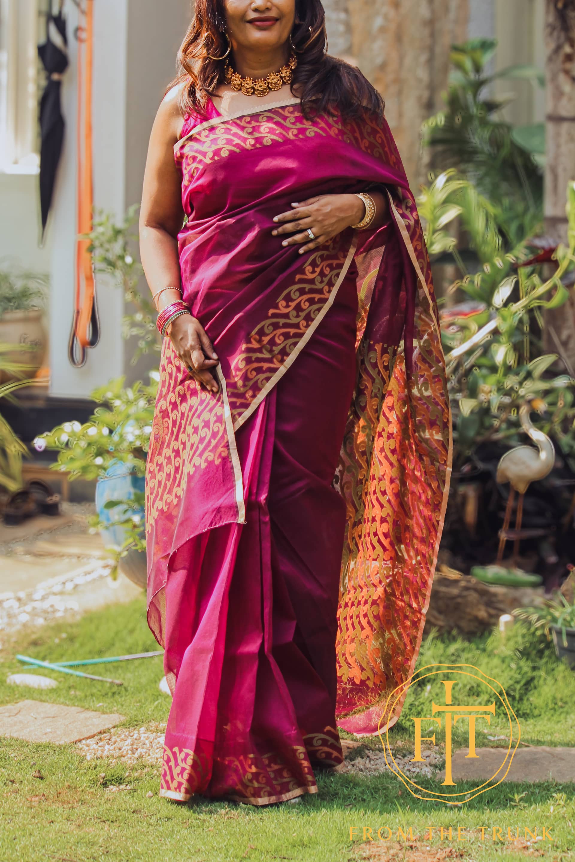 Deep wine organza, pre-loved Organza saree from From the Trunk