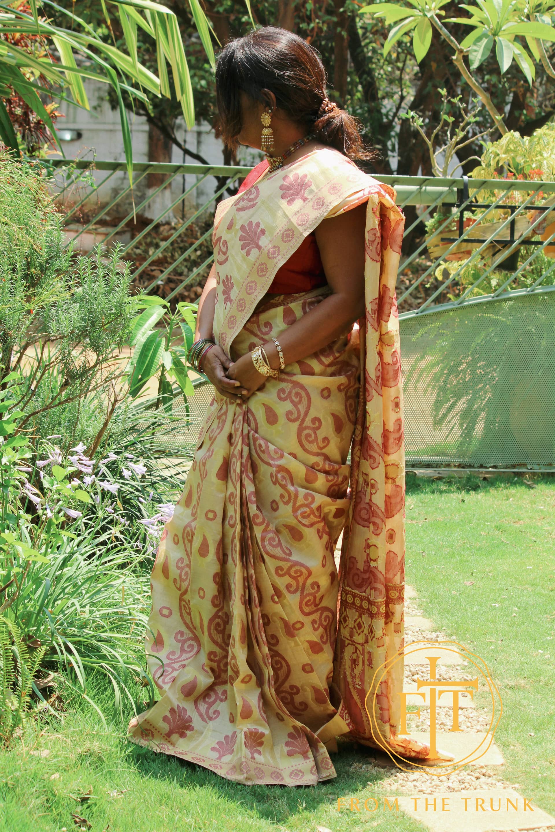 Beige Organza Peach Bloom Print, pre-loved Organza saree from From the Trunk