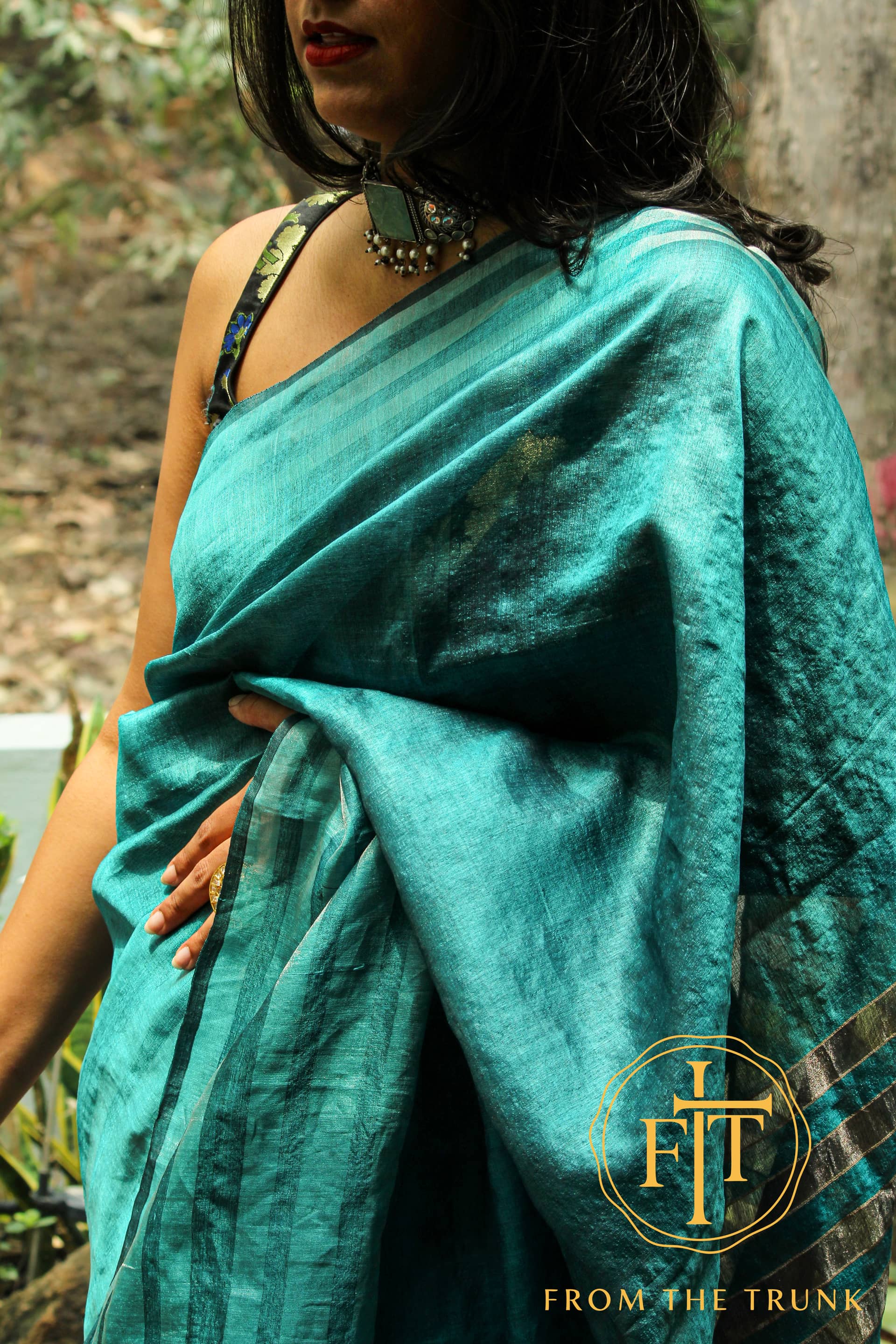 Teal moody silk saree, pre-loved Silk saree from From the Trunk