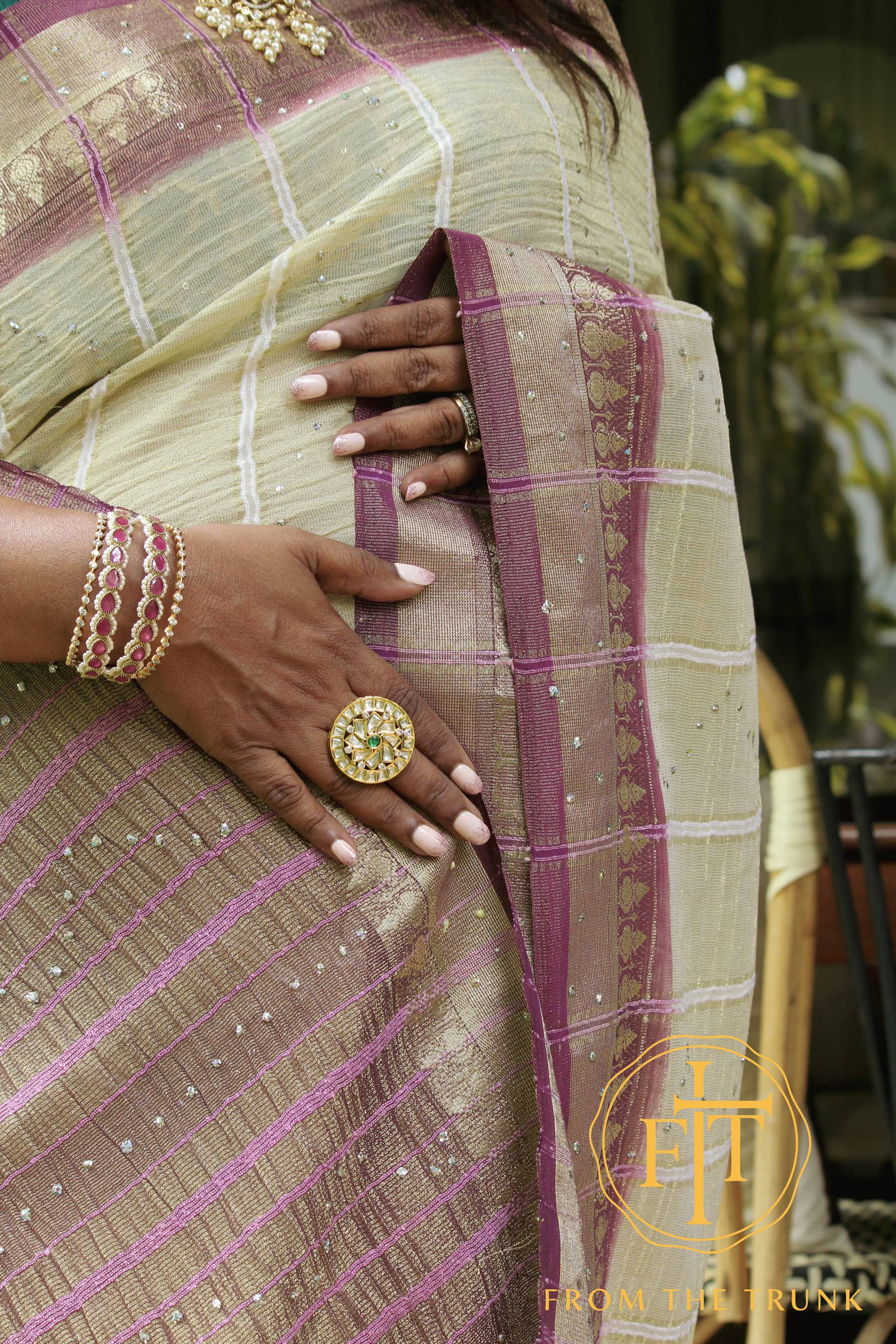 Moonstone Cream Mauve Border Saree, pre-loved Organza saree from From the Trunk