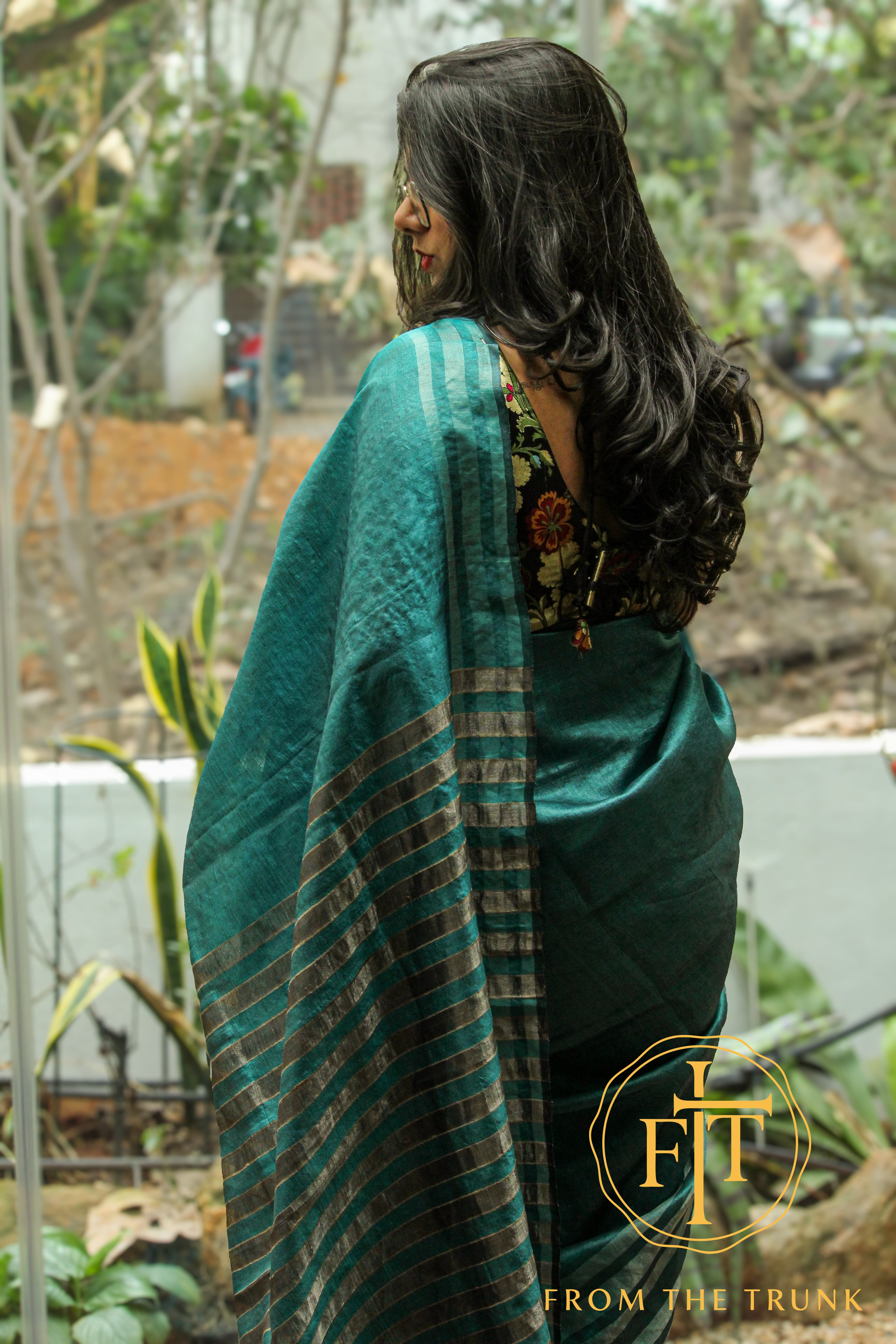 Teal moody silk saree