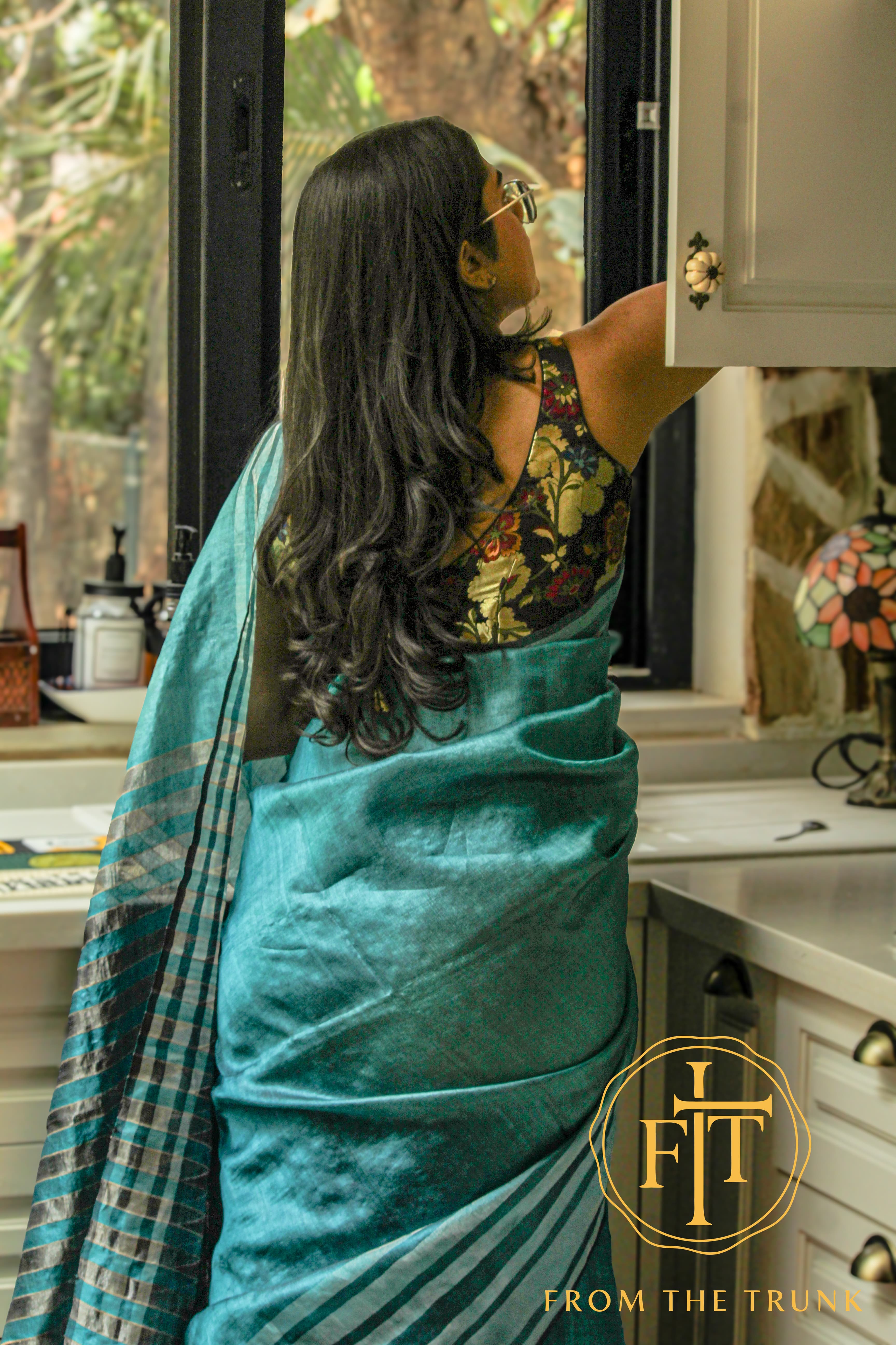 Teal moody silk saree