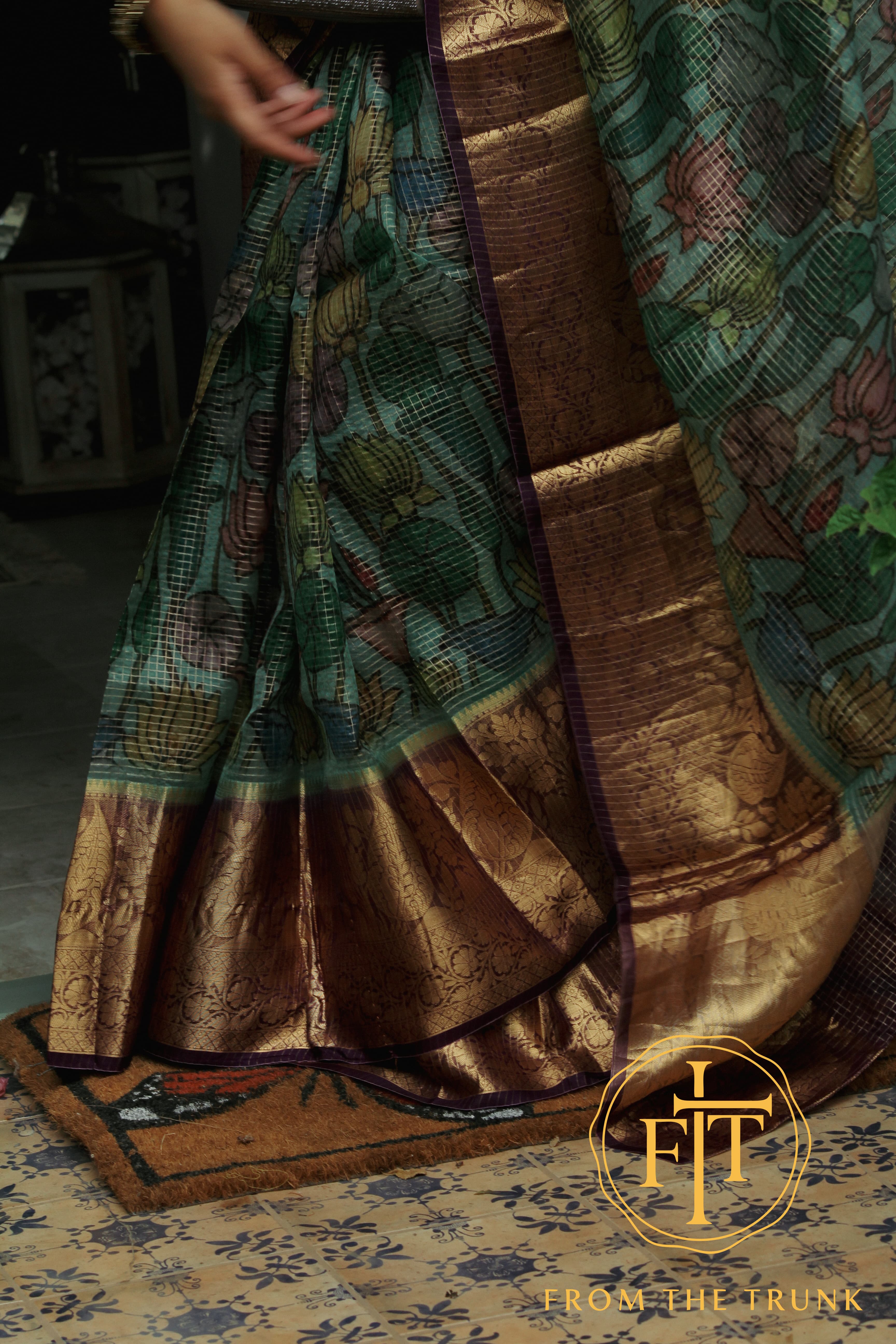 Green Garden Silk Burgundy Zari Edge