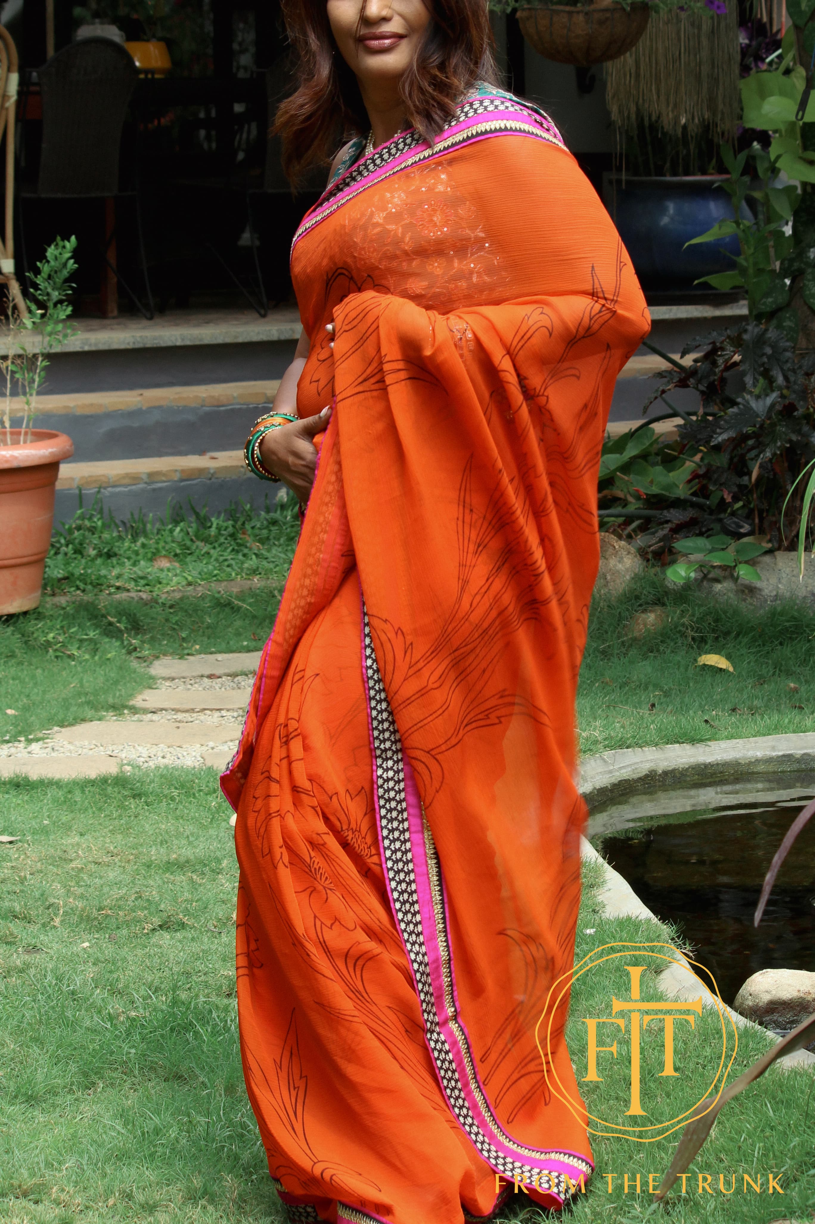 Tangerine Noir Floral Border Weave