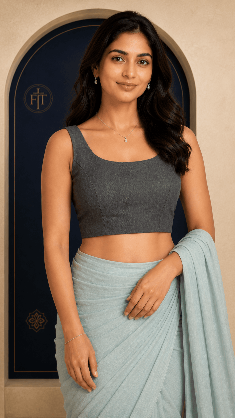 Light Grey Denim Sleeveless StretchFit Blouse shown as a pre-loved saree, Cotton