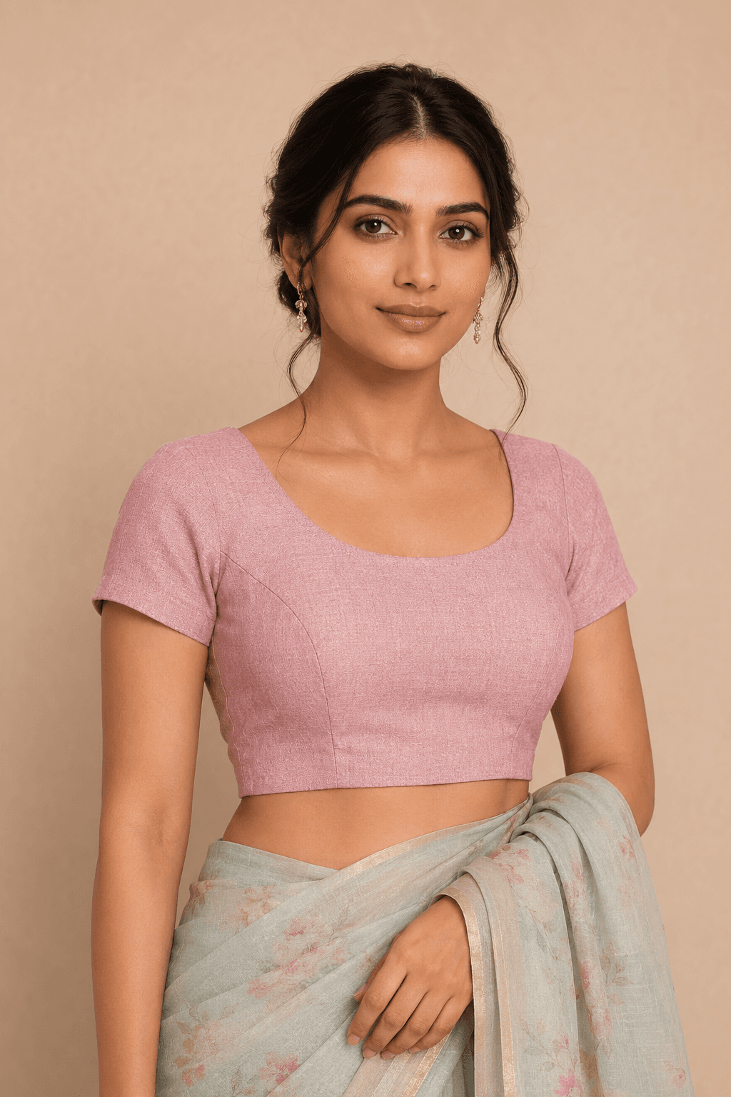 Sleeve Pink Denim StretchFit Blouse shown as a pre-loved saree, Cotton
