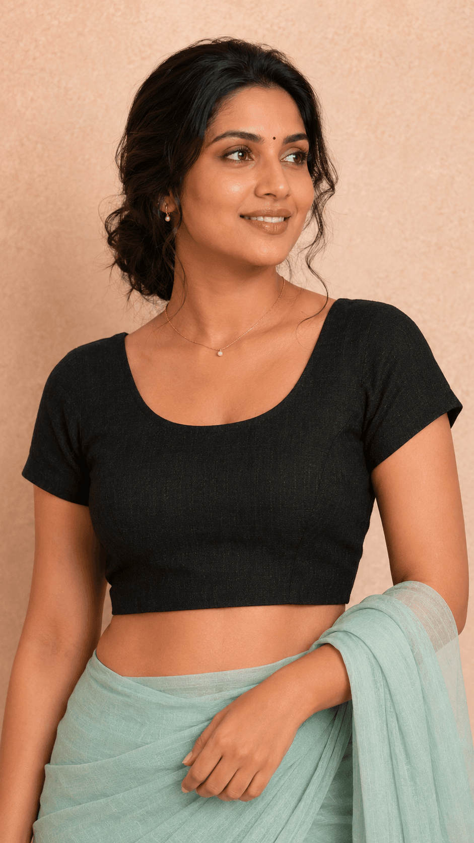 Black Sleeve Satin StretchFit Blouse shown as a pre-loved saree, Cotton