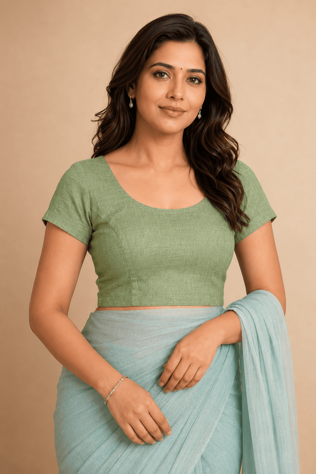 Light Green Denim Sleeve StretchFit Blouse shown as a pre-loved saree, Cotton