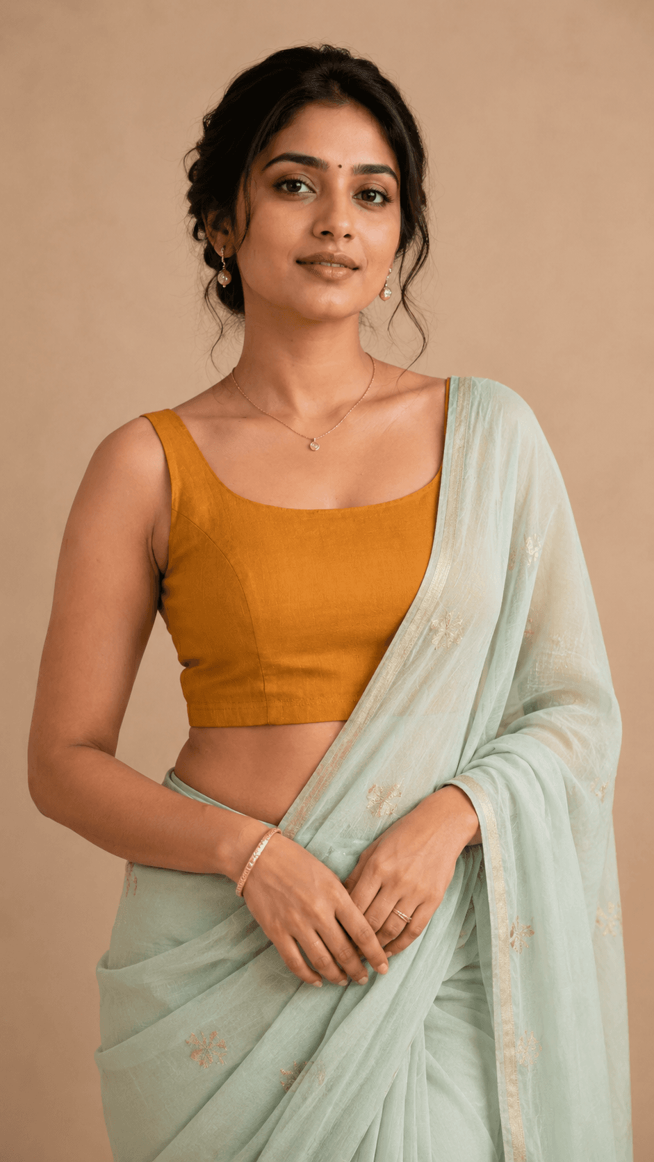 Marigold Sleeveless Rayon StretchFit Blouse shown as a pre-loved saree, Cotton