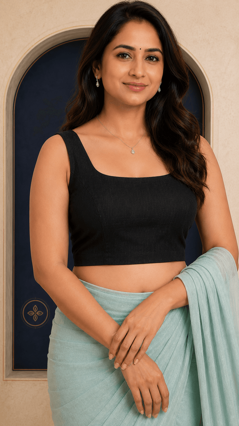 Black Sleeveless Satin StretchFit Blouse shown as a pre-loved saree, Cotton
