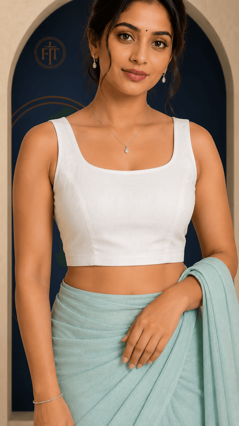 White Sleeveless Rayon StretchFit Blouse shown as a pre-loved saree, Cotton