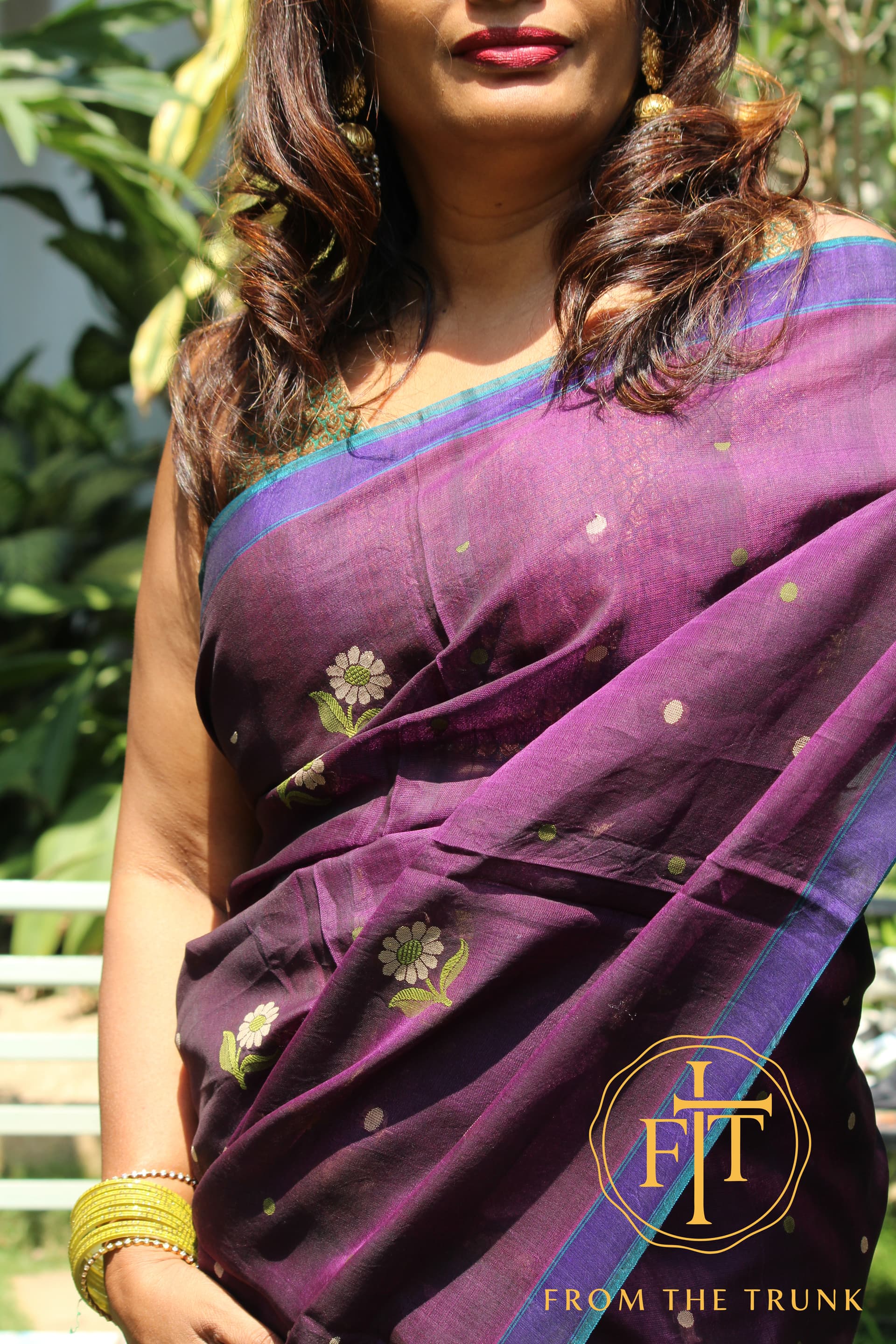 Violet Bloom Cotton Drape shown as a pre-loved saree, Georgette