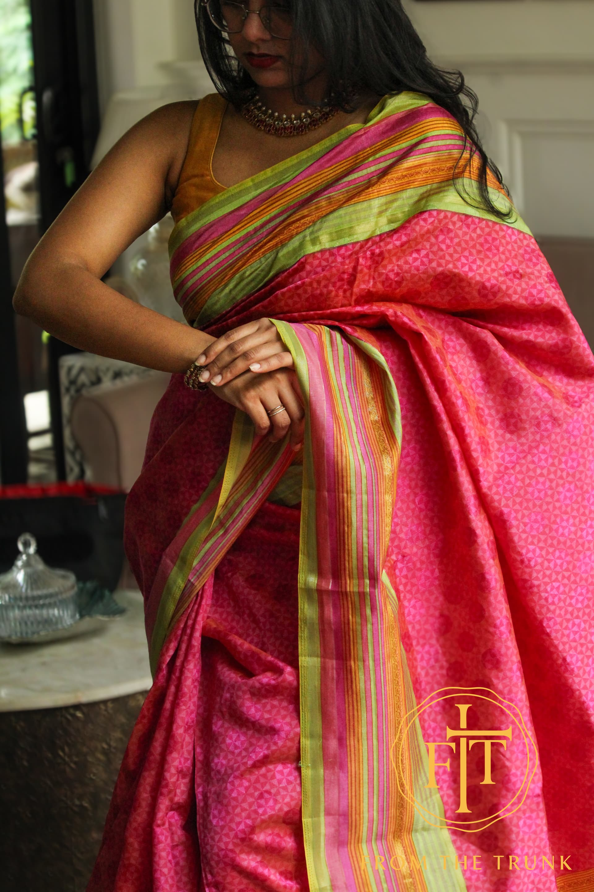 Rose silk shown as a pre-loved saree, Silk