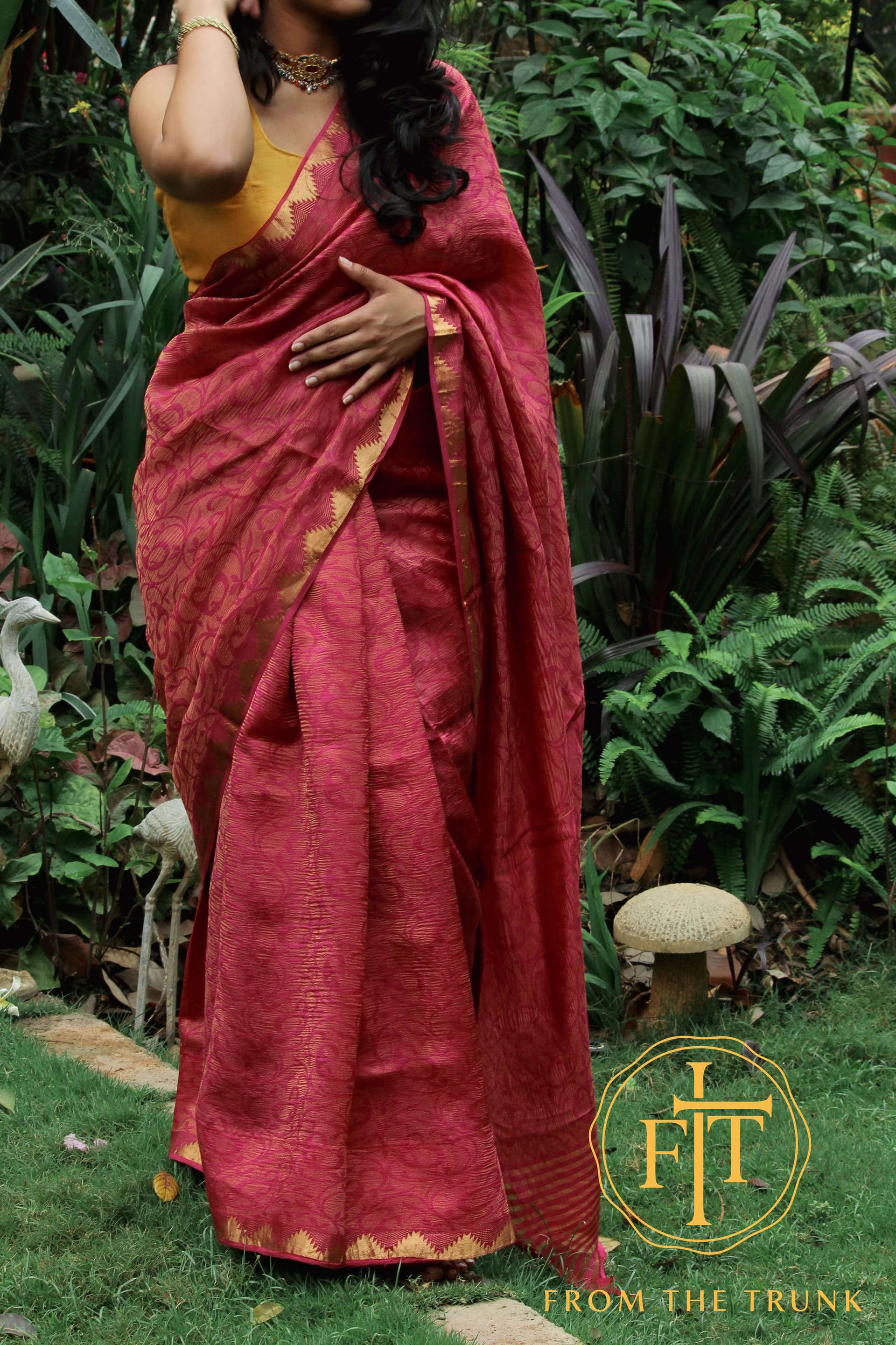 Silk Pink Katan Temple border shown as a pre-loved saree, Silk