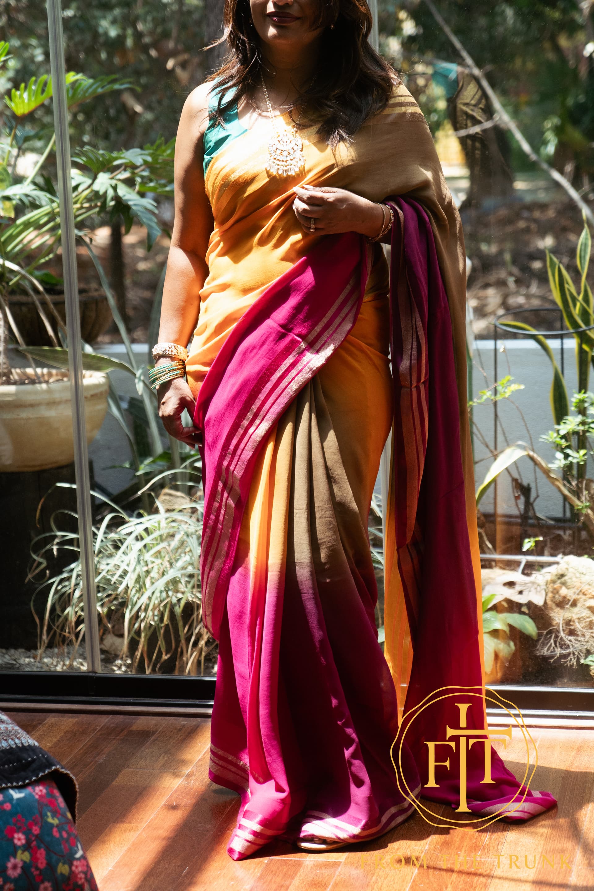 Sunset Ombré Chiffon Draped Dream shown as a pre-loved saree, Chiffon