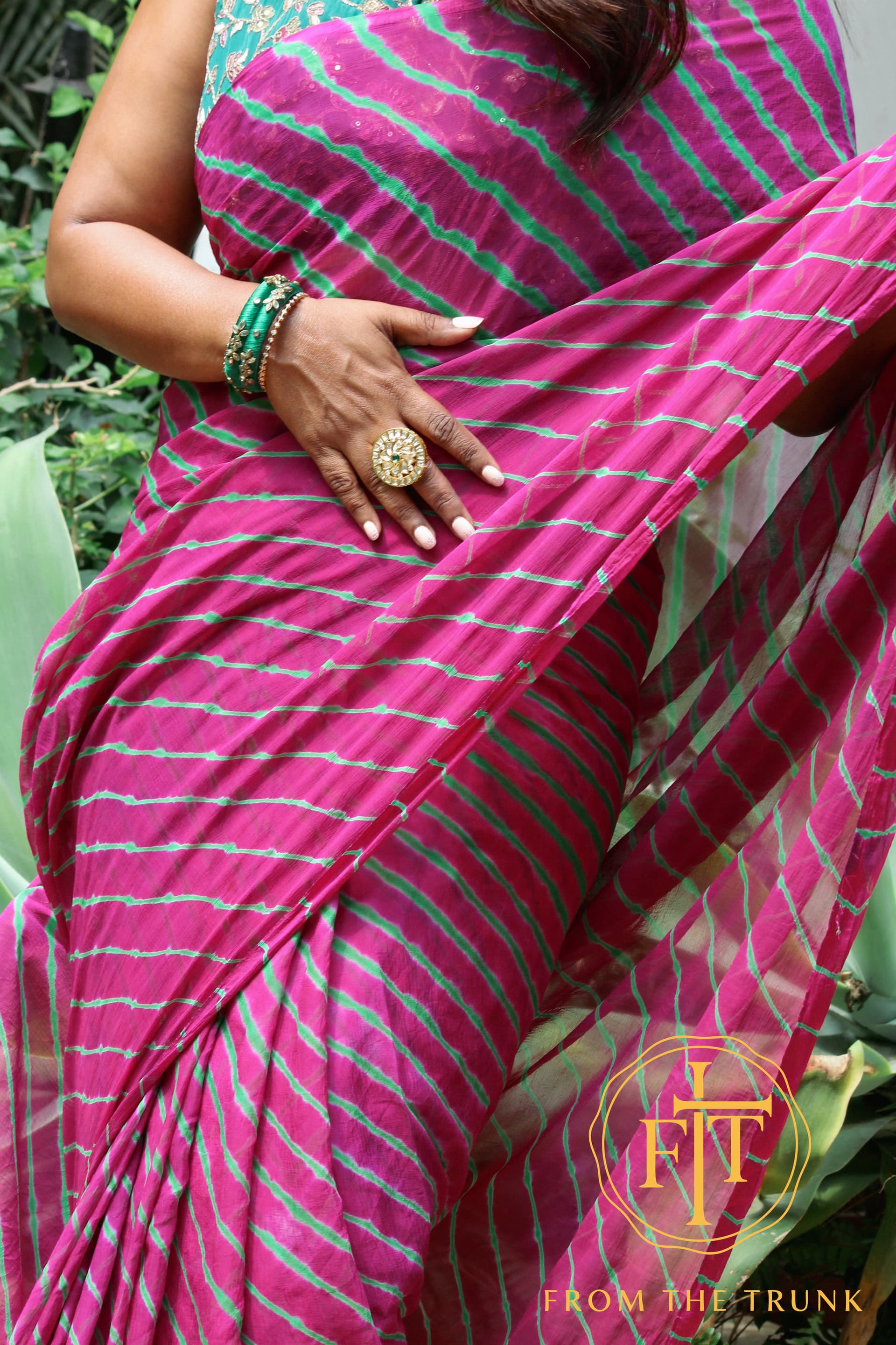 Rose Vine Stripe Chiffon Saree shown as a pre-loved saree, Chiffon